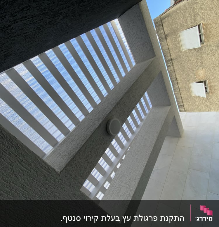 פרגולה עם קורות עץ לבנות ותקרה פתוחה